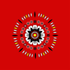 patterned circular concentric mandala of white color on a red background.