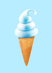 Ice cream in wafer cup. Ice cream cone on blue background