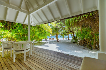 Obraz premium Luxury beach villa, calm tranquil beach scene and palm trees and blue sea