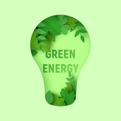 green energy 3d abstrat paper art illustration with lamp and paper cut green leaves. Ecology and nature concept