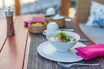 Morning breakfast table background, Chinese soup and vegetables