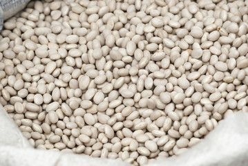 White beans for sale in a market place. Phaseolus vulgaris