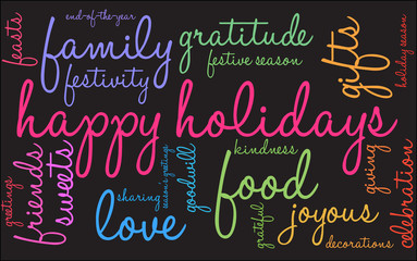 Happy Holidays Word Cloud on a black background. 