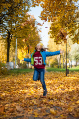 Fototapeta na wymiar Little girl throws up the autumn leaves and jumps