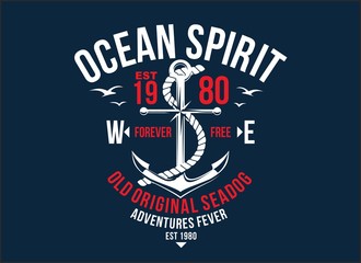 T-shirt graphic print nautical marine theme the ocean spirit serigraphy stencil cool vector design classic vintage template