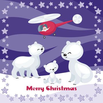 Christmas greeting card with the image of the polar bear family and Santa Claus. Vector illustration.
