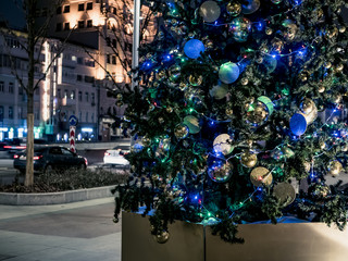 new year christmass tree holidays winter snow toys branch night city streets ball reflection