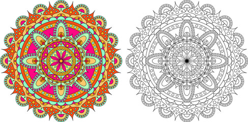 Black and white sketch, contour of the mandala. The flower of the mandala. Indian pattern. Pattern for coloring. Seth from the Indian mandala. Painted mandala. Design element, print. Vector EPS 10