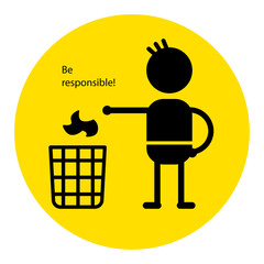 Man throwing garbage in a trash recycling bin, sign or icon.