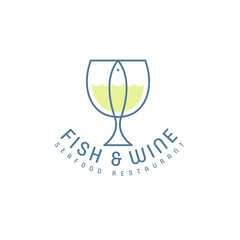 Fish and wine flat logo. Seafood restaurant emblem. A fish and a glass with letters on a white background.