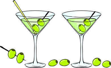 Set of two glasses of martini with a yellow straw and green olives. A glass for a martini. Alcoholic cocktail. Sketch, a menu design element for bars and restaurants. Vtor Eps 10