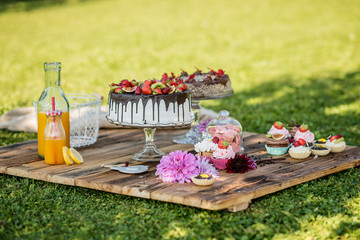 selection of sweet cakes in a garden picnic birthday celebration 