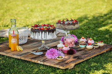 selection of sweet cakes in a garden picnic birthday celebration 