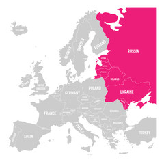 Former Union of Soviet Socialist Republics, USSR, Russia, Ukraine, Belarus, Estonia, Latvia, Lithuania and Moldova pink highlighted in the political map of Europe. Vector illustration.