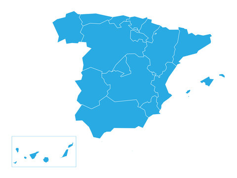 Spanish map devided to 17 administrative autonomous communities. Simple flat blue vector map.