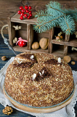Honey cake with walnuts and grated chocolate