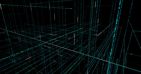 Abstract digital background. Geometry lines with dashes and glow. 3d rendering.