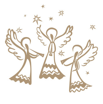 Three Angels Play On The Trumpets Among The Stars. Simple Vector Illustration Of A Free Hand Line.