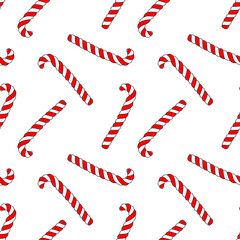 Seamless pattern of candy cane. Red and white sweets on a white background. Christmas background, winter background. For the design of printed products, booklets, packaging. Vector EPS 10 illustration