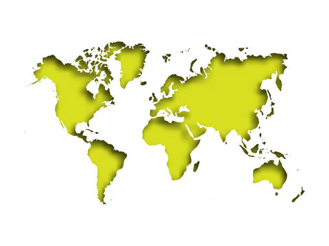 Map of World cut into paper with inner shadow isolated on green background. Vector illustration with 3D effect.