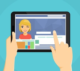 Tablet computer in hand. A page on the social network. Of the Internet communication. Business, entertainment and leisure. In flat style on blue background. Cartoon.