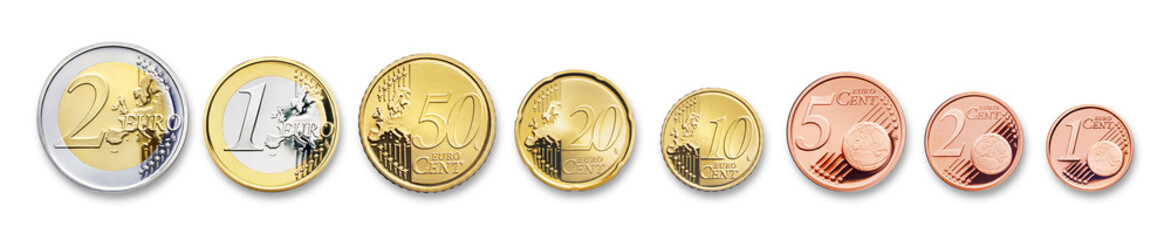 euro coins, isolated on white,  with shadow - obrazy, fototapety, plakaty