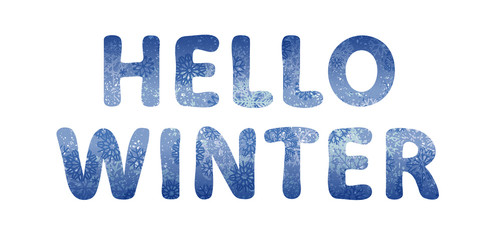 Hello winter lettering. Blue letters with texture of snow. Vector illustration, isolated on white