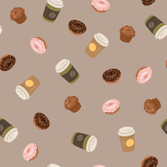 Seamless pattern with coffee paper cups, donuts and muffins. Vector illustration