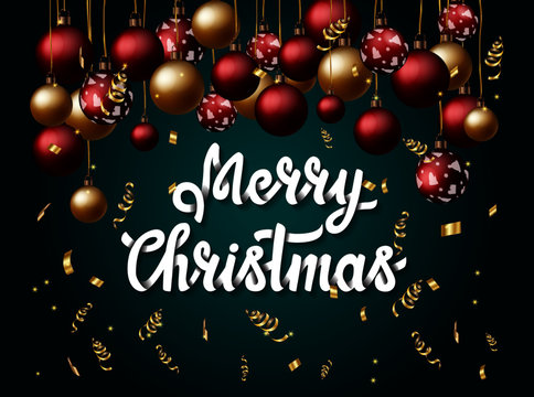 Beautiful banner with handlettering Merry Christmas and Christmas balls on green isolated gradient background. For cards and posters.