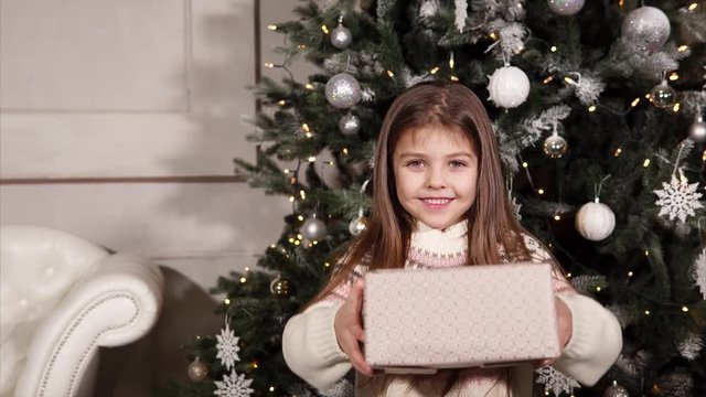 portrait of a smiling child who holds a gift box in his hands, the gift is packed in a New Year's packing, a cute little girl stands near a Christmas tree, which is decorated with a garland and balls