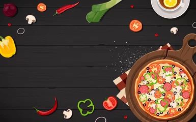 Pizzarahmenansicht von oben grauem schwarzem Holzhintergrund der Karikatur mit Vektorillustration der frischen Zutaten. Speisekarte. © Anastazi Li