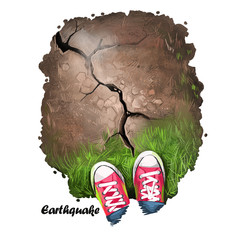 Earthquake digital art illustration of natural disaster. Man shoes stand on cracked soil, damaged road due to quake, seismic destruction of land, landslide concept, environmental amplitude