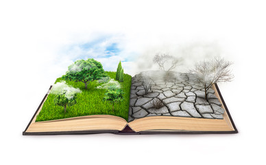 An open book. Bipolarity. On one side, nature, on another smog and a drought isolated on a white...
