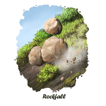 Rockfall digital art illustration of natural disaster. Falling down stones from mountain, blockage of road, rocks obstruction, landslide concept, extreme tumble, geology earthquake artwork picture