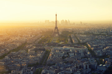 Aerial view of Paris and Eiffel tower at sunset in Paris, France.