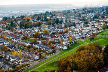 Seattle Urban Sprawl with colorful trees in autumn - aerial - 182914709
