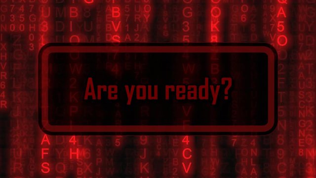 The text Black Friday, Are you ready?, appearing on a board over random symbols falling down (code rain, a popular sci-fi movie effect), changing their color from green to red.
