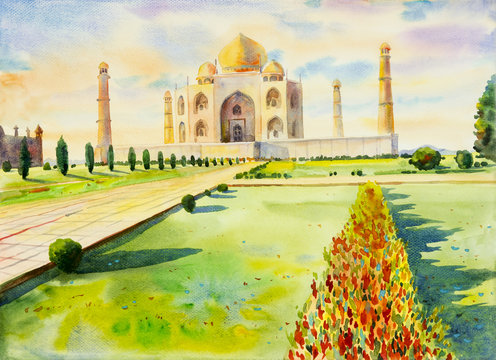 Watercolor painting landscape of archaeological site in the Taj Mahal.