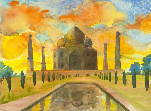 Watercolor painting landscape of archaeological site in the Taj Mahal.
