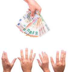 Human hand sharing euro money. Isolated on white background. Hand giving salary euro banknotes in financial, money exchange and donation concepts. Salary for workers.