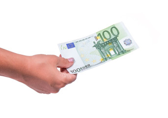 Human hand holding money, sharing one hundred 100 euro banknote. Isolated on white background. Hand giving euro banknotes in financial, money exchange and donation concepts.