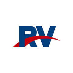 Initial letter RV, overlapping movement swoosh logo, red blue color