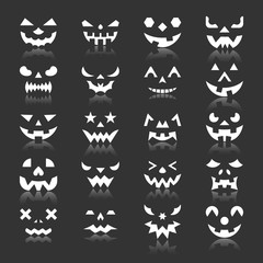Halloween pumpkin face icon set with reflection