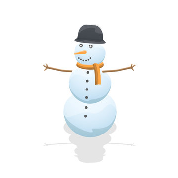 Cartoon Snowman Isolated on White  Background. Vector Snow Man with Shadow. Winter Vector Illustration. Web Icon. Flat style.