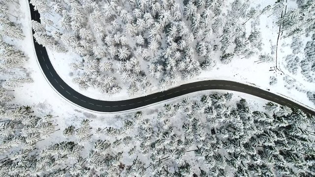Aerial view of a road through a snow-covered forest