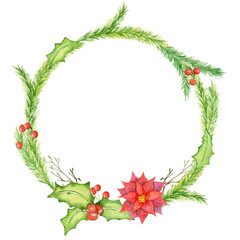 Merry Christmas watercolor wreaths with floral winter elements. Happy New Year card, posters. Flowers, spruce branches and mistletoe branches