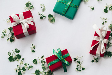 Christmas, new year, present boxes flat lay, top view on white background and copy text space for writing messages