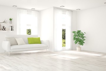 Idea of white room with sofa and summer landscape in window. Scandinavian interior design. 3D illustration