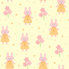 Flowers and little rabbits in dress. Cute seamless pattern for children. Pink, yellow, orange, green, black, gray colour.