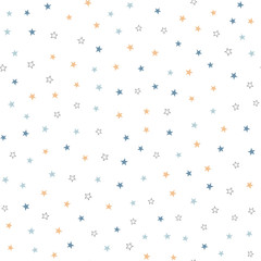 Repeated black, blue and brown stars on white background. Cute festive seamless pattern.